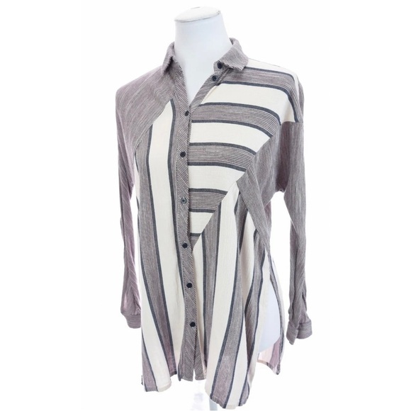 Topshop Striped Side Slits Tunic Button Up Front Shirt Womens Sz 4 Small - Picture 7 of 13